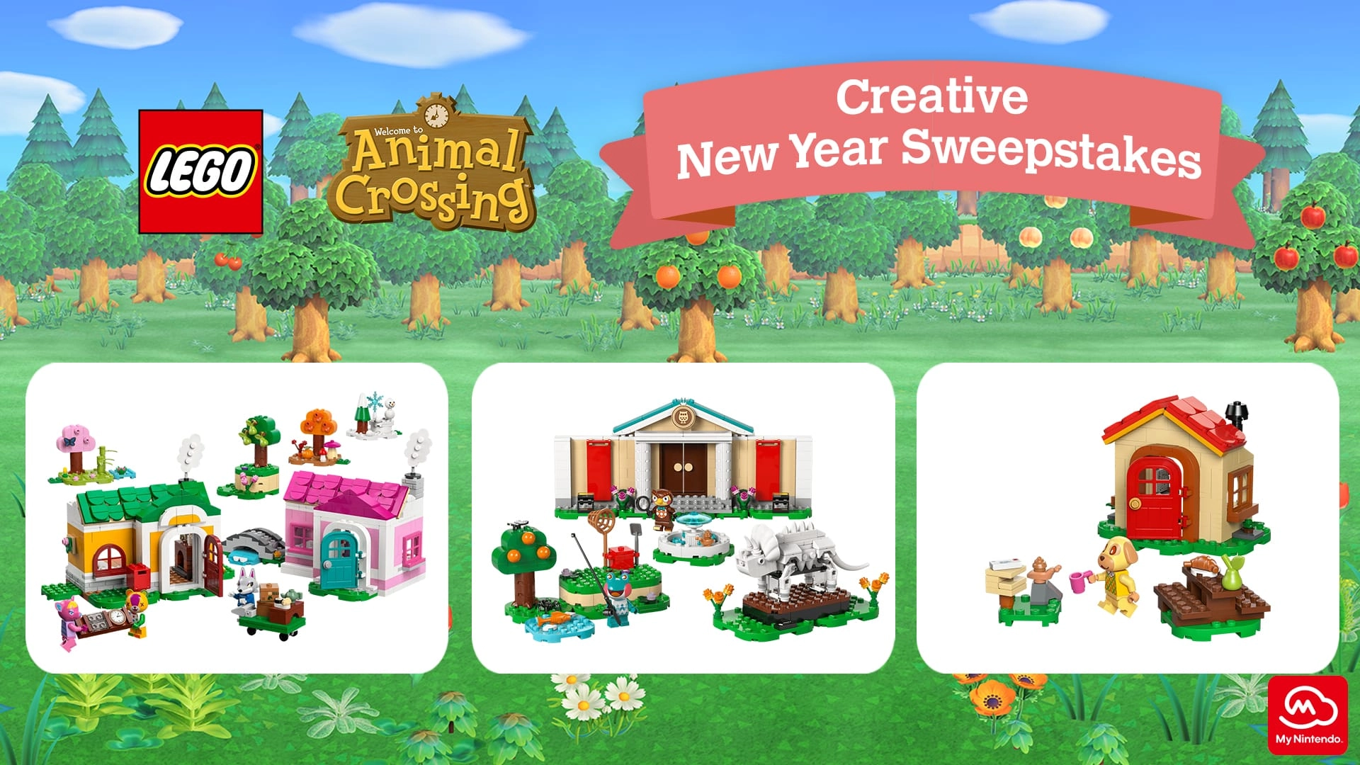 LEGO Animal Crossing sets displayed in a vibrant forest setting, featuring creative house designs