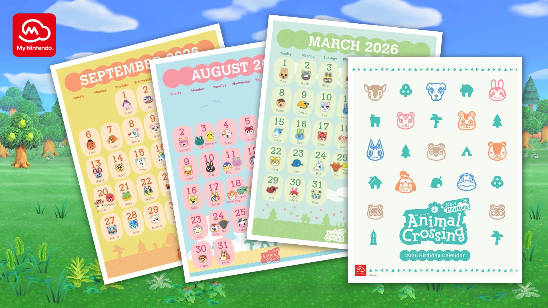 Animal Crossing-themed calendars for August, September, and March 2026, with character icons and designs
