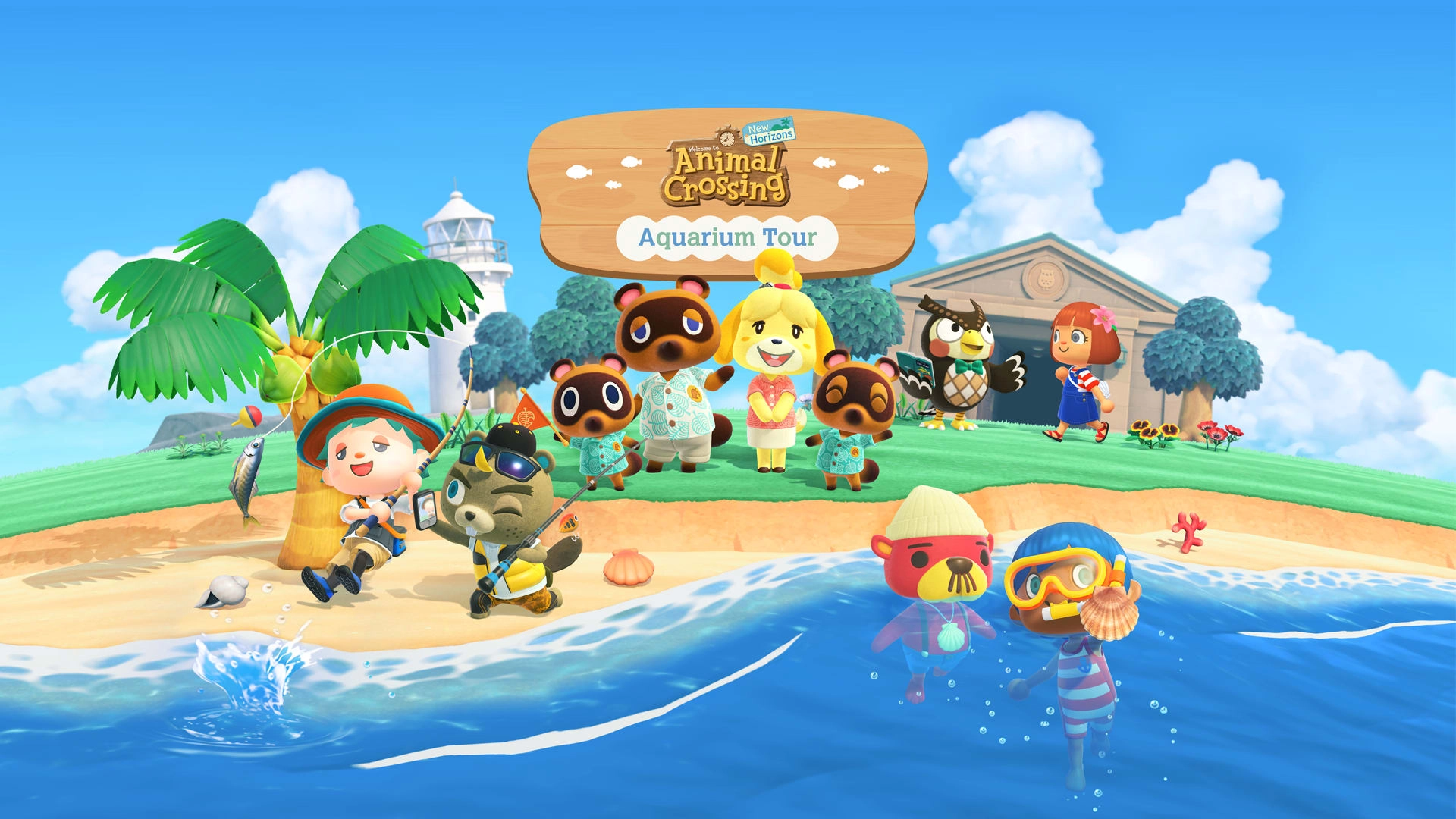 Animal Crossing characters enjoy a beach day with a wooden sign reading "Aquarium Tour" in the background