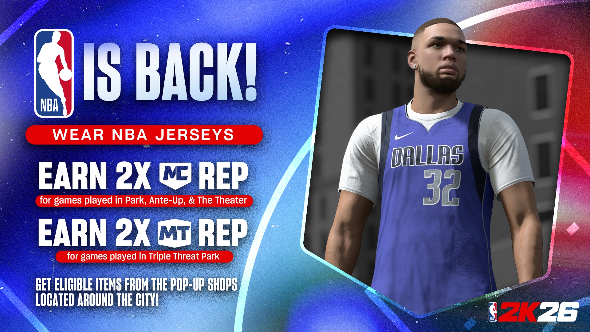 NBA 2K26 promotional graphic featuring a player in a Dallas jersey, highlighting double rep events