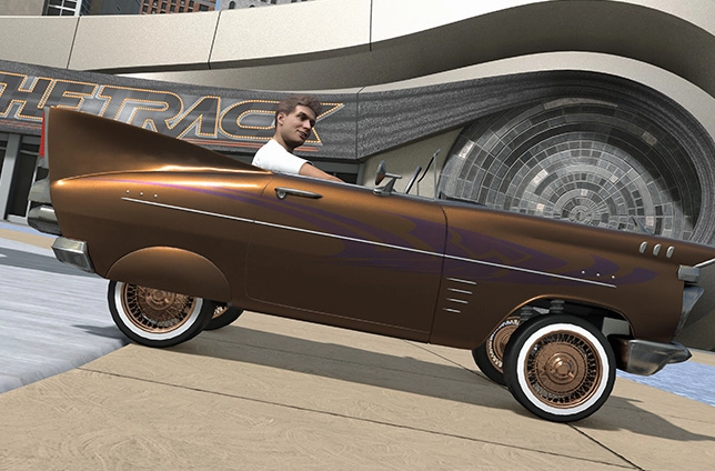 A character drives a vintage brown convertible in a modern city setting, ready for NBA 2K26 action