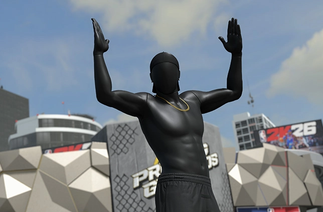 A virtual basketball player celebrates with arms raised in front of NBA 2K26 promotional backdrop