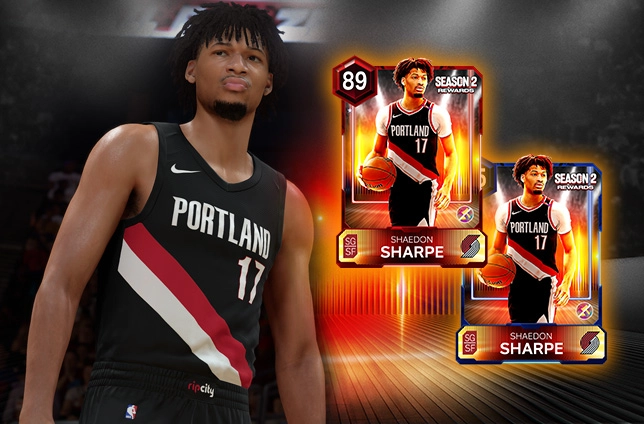 NBA 2K26 player in Portland jersey with digital cards, showcasing Season 2 rewards and features