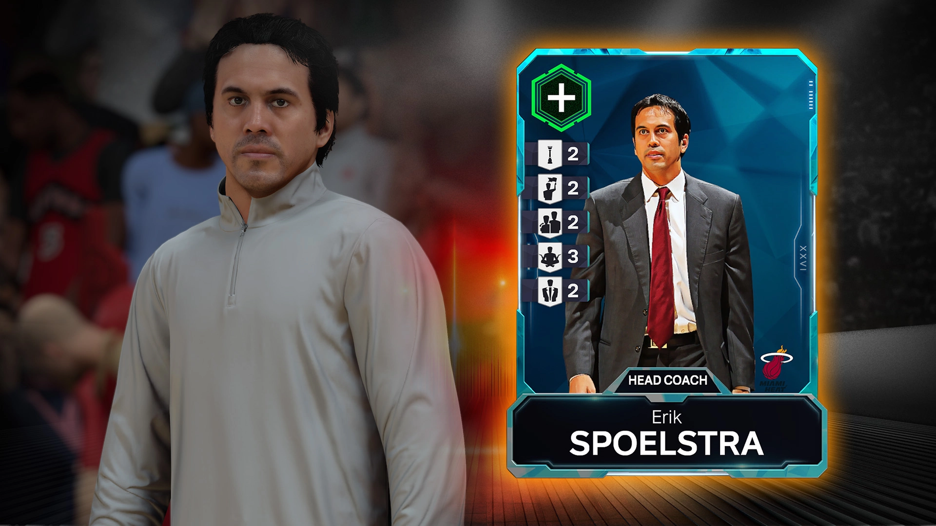 NBA 2K26 game screen showing Erik Spoelstra as a head coach card with stats and attributes
