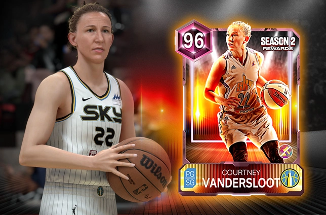 Basketball player holding a ball next to a digital card featuring Courtney Vandersloot for NBA 2K26 Season 2