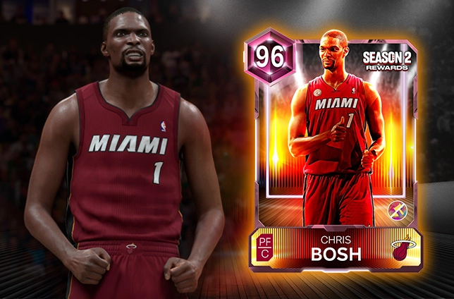 Chris Bosh in Miami Heat jersey, featured on a Season 2 rewards card in NBA 2K26 game setting