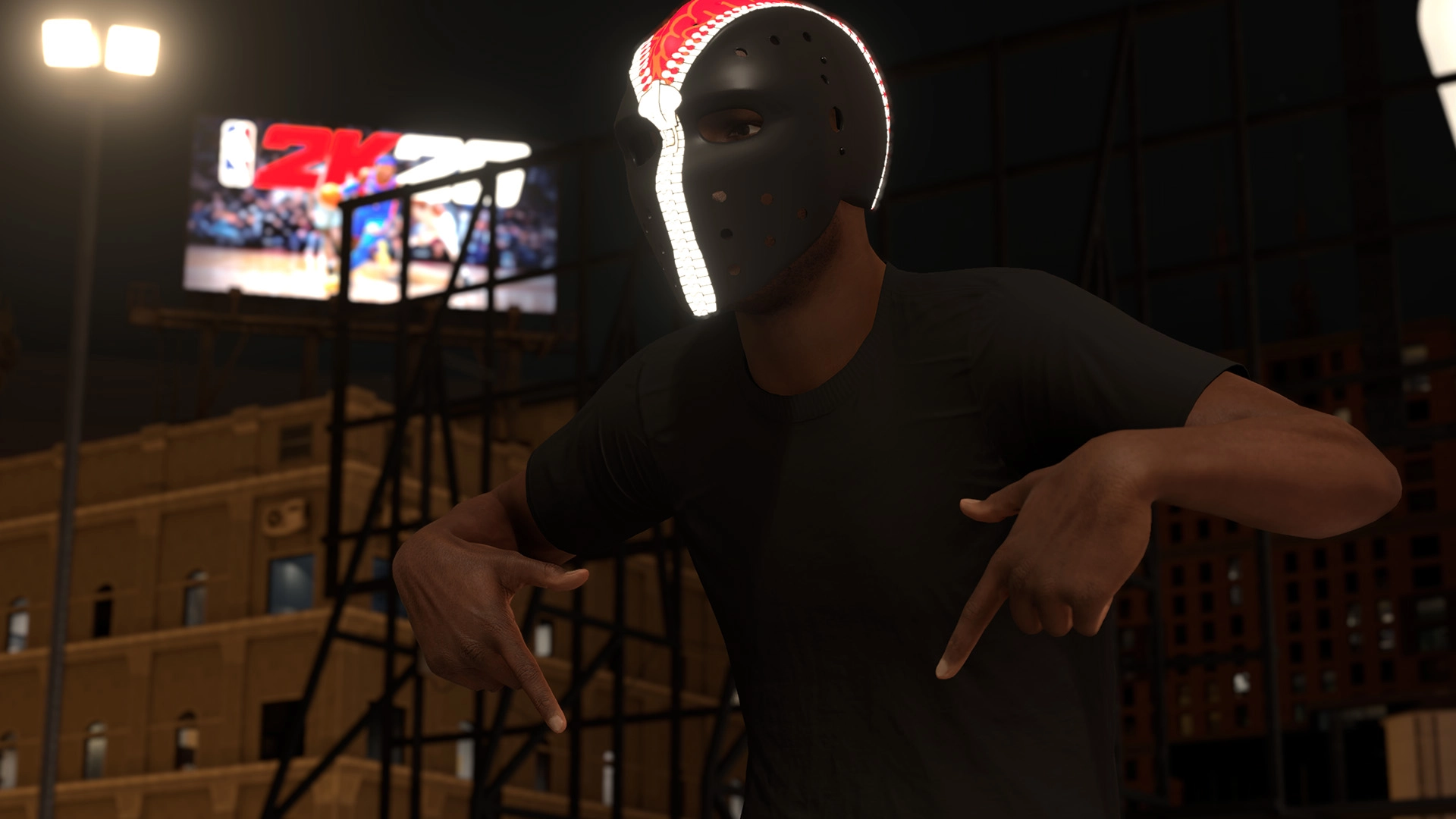 Basketball player in a lit mask poses on an outdoor court at night, with NBA 2K26 billboard in background