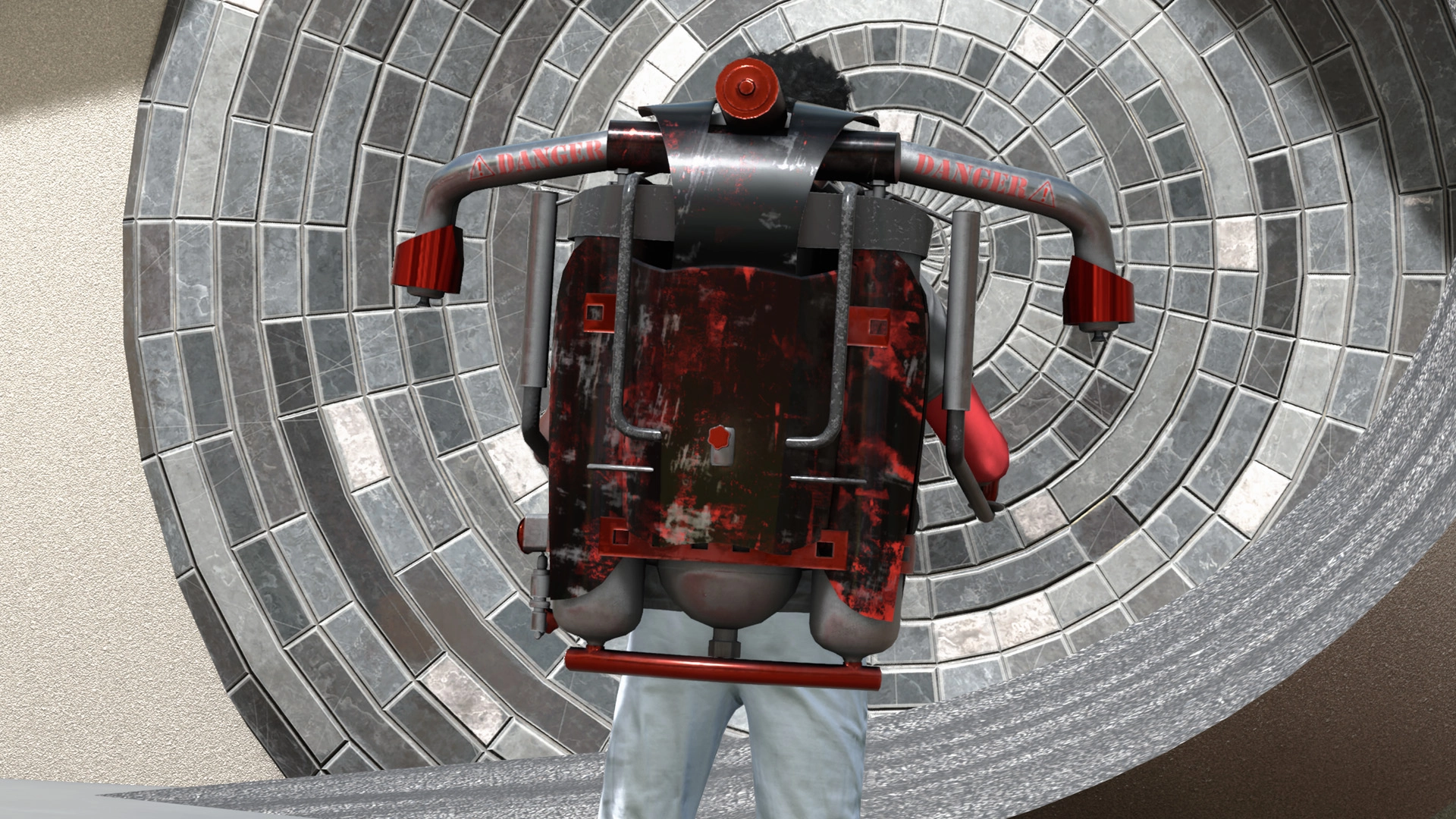 A person wearing a futuristic jetpack stands in front of a large, circular tiled wall