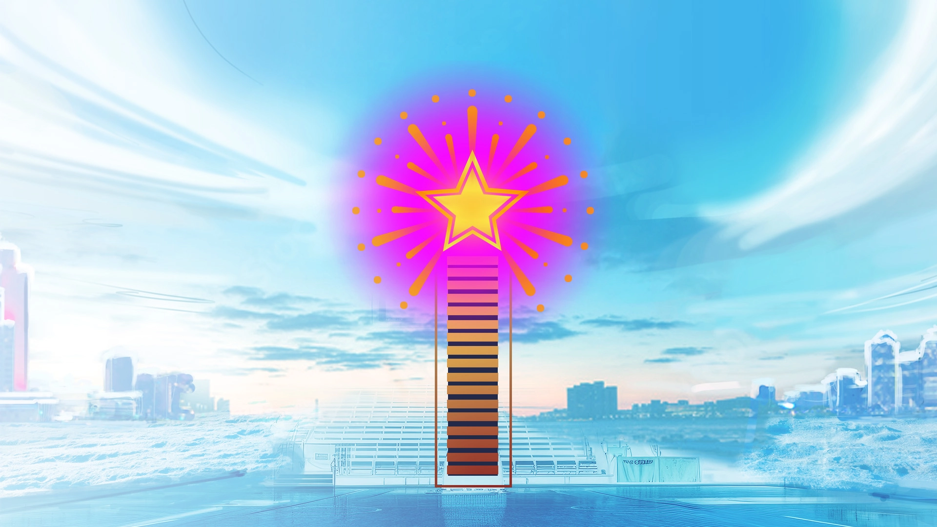 A vibrant star atop a colorful tower, set against a bright sky and cityscape, symbolizing NBA 2K26's energy