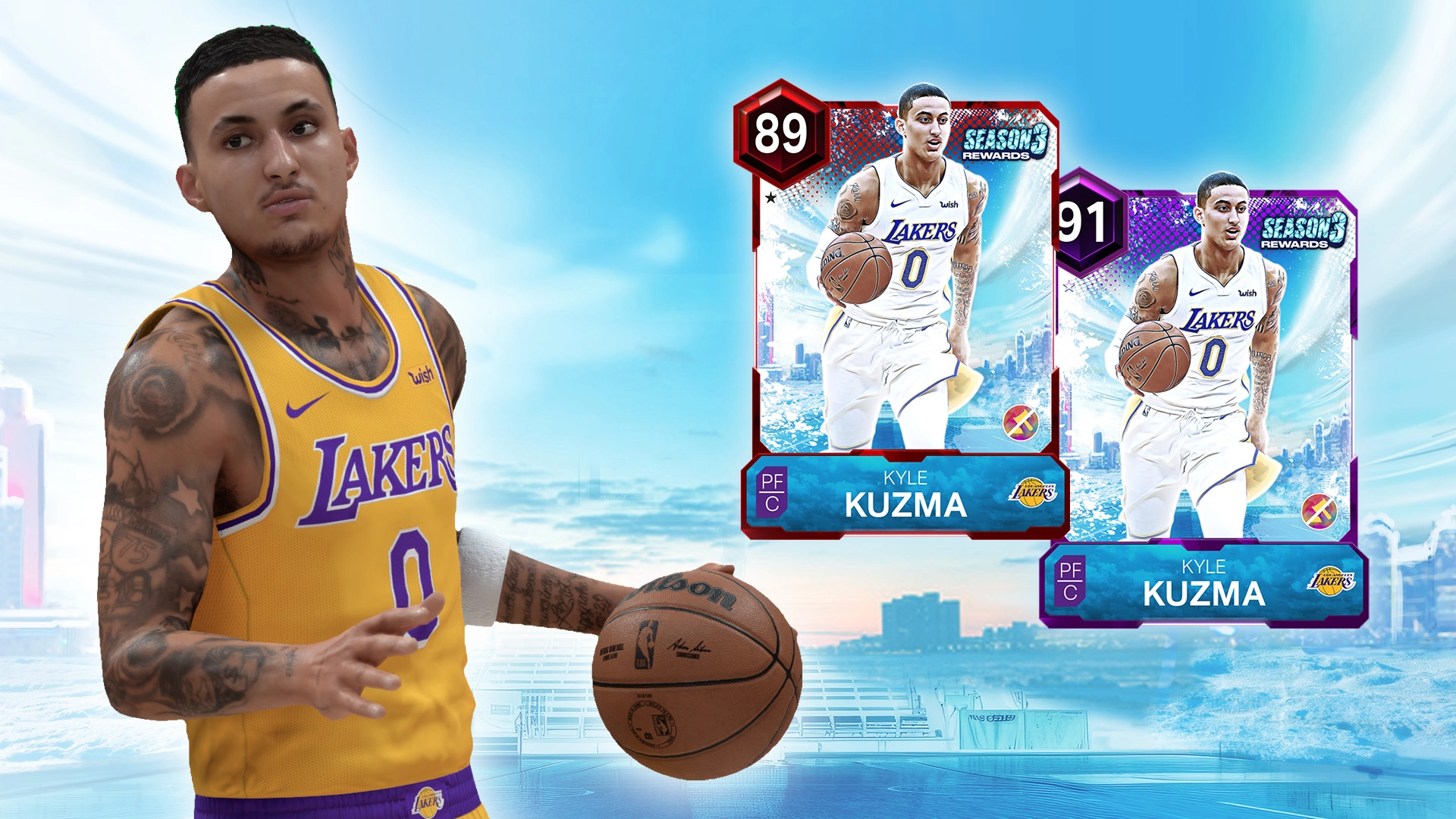 NBA player in Lakers jersey dribbles basketball, with two MyTEAM cards featuring him in the background
