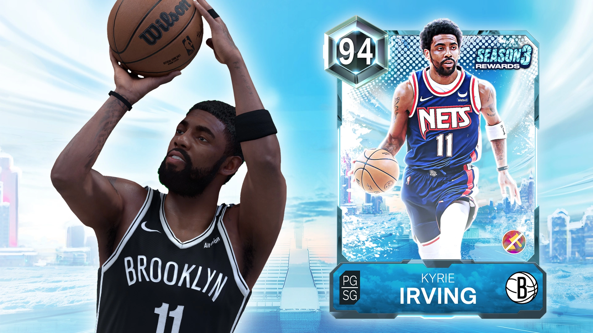 Basketball player in Brooklyn jersey shooting, with a digital card showing him in a Nets uniform, Season 3 rewards