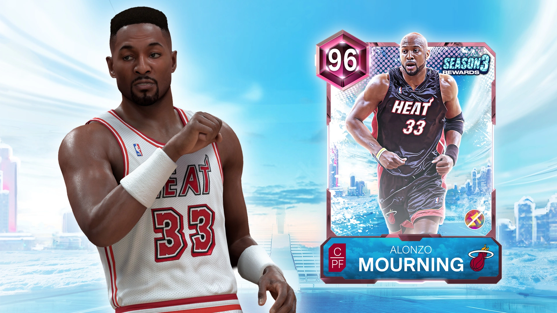 Basketball player in Miami Heat jersey next to a digital card with Season 3 rewards and player stats