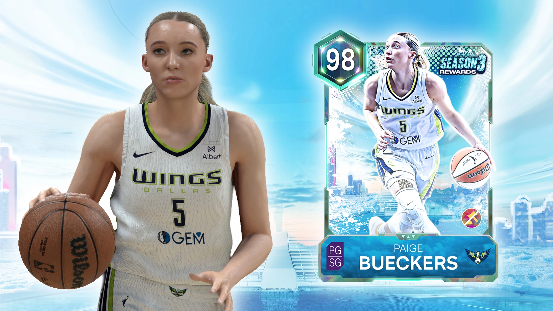 Basketball player in Dallas Wings jersey dribbles, with a Season 3 rewards card featuring Paige Bueckers