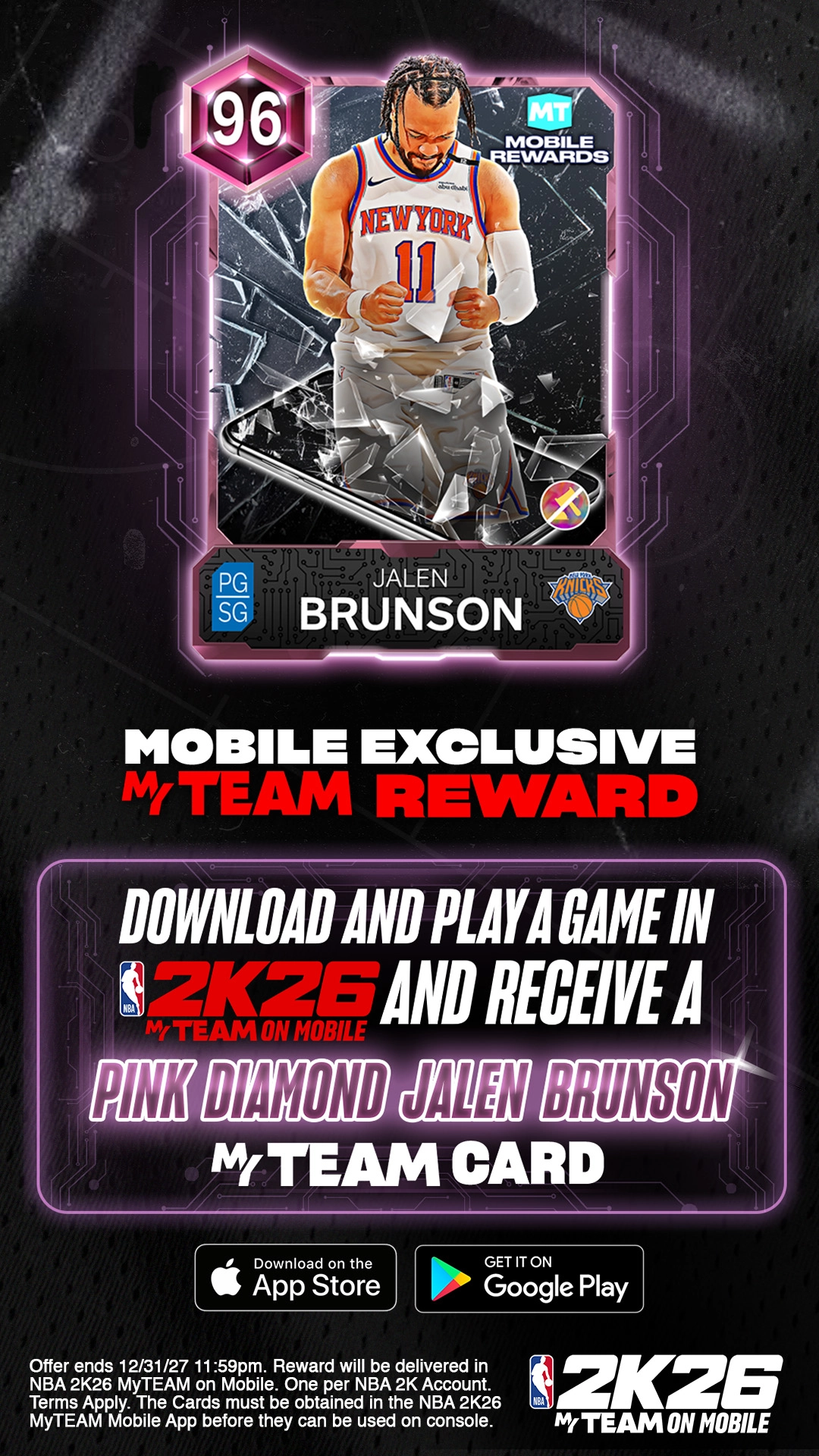 NBA 2K26 MyTEAM card featuring Jalen Brunson in a New York jersey, promoting mobile exclusive rewards