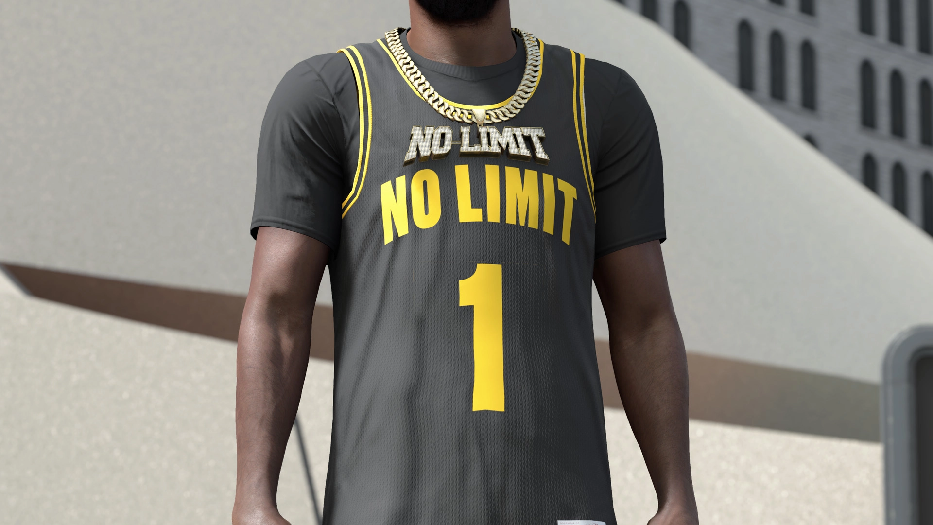 Basketball player wearing a gray and yellow "No Limit" jersey with number 1, showcasing style in NBA 2K26