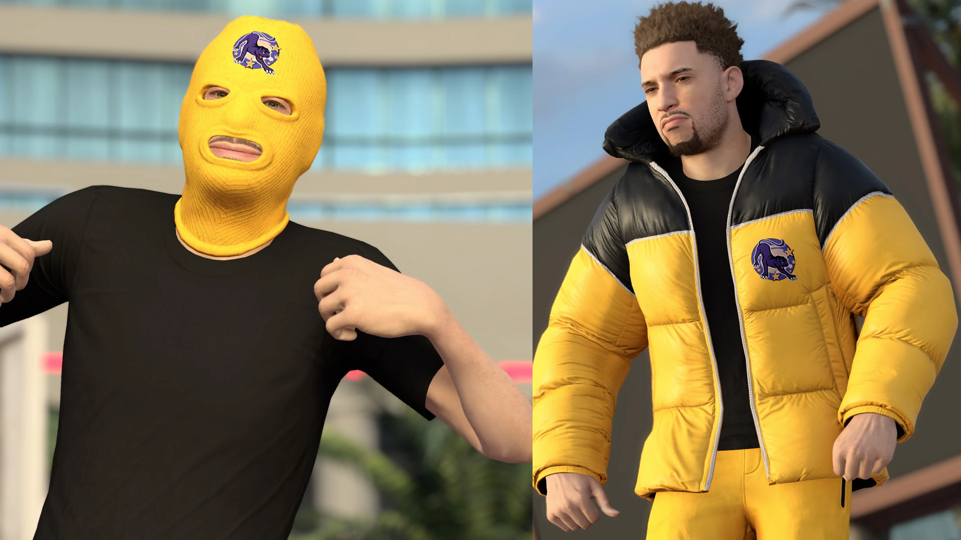 Two NBA 2K26 characters in yellow outfits, one in a ski mask, the other in a puffer jacket, outdoors