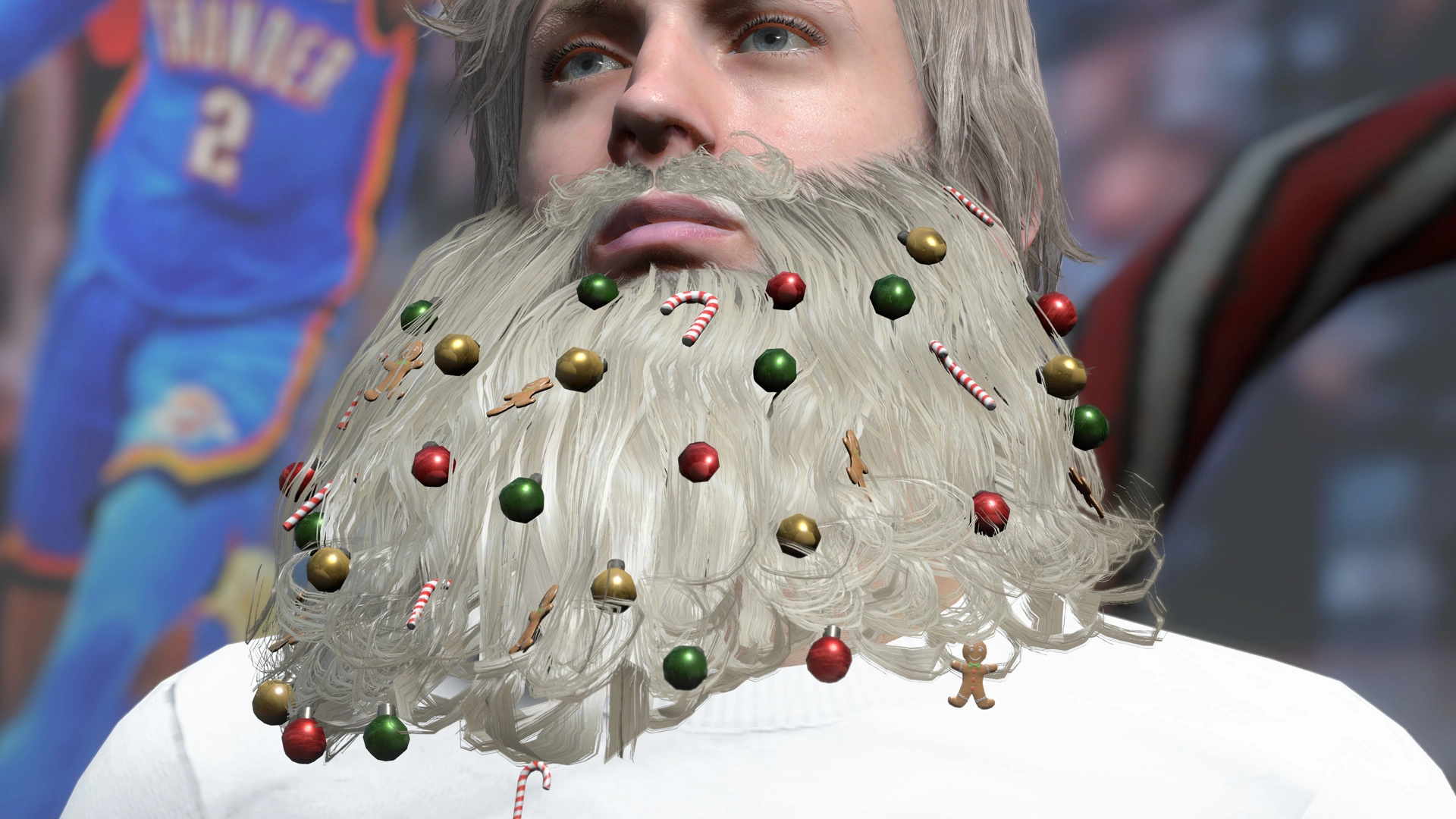 A character with a festive beard adorned with ornaments and candy canes, set against a basketball backdrop