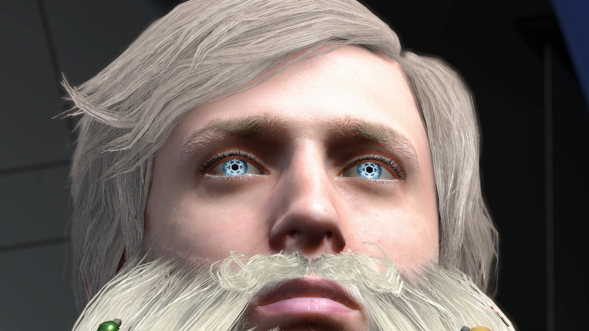 Close-up of a digital character with white hair and beard, featuring bright blue eyes in NBA 2K26