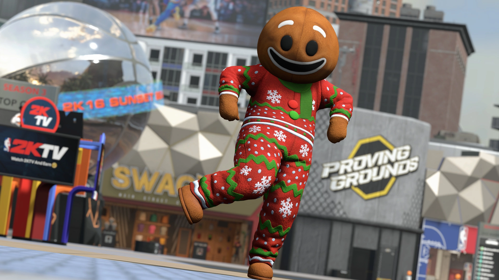 Gingerbread character in festive attire running through NBA 2K26's vibrant cityscape during Season 3