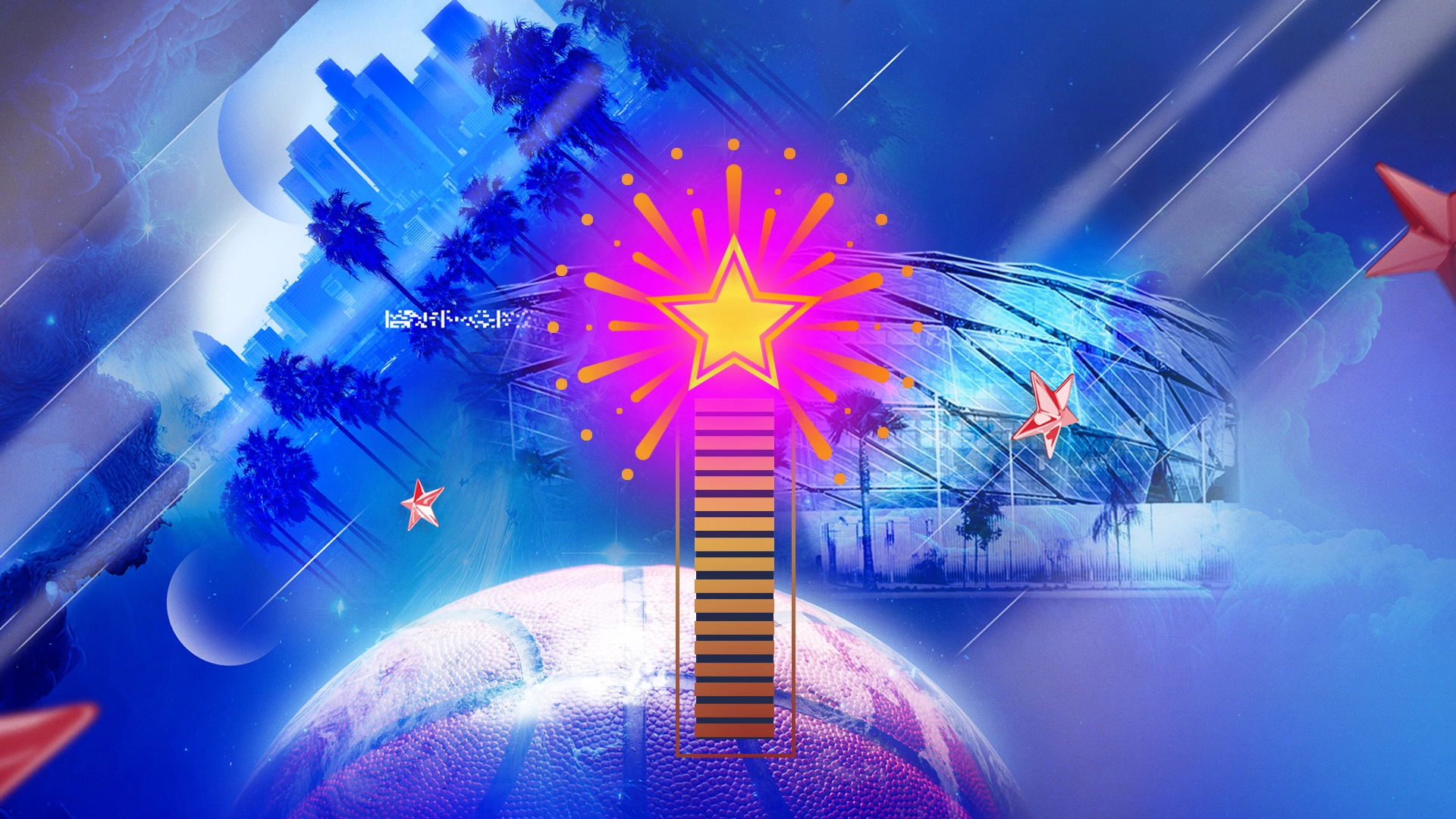 A vibrant basketball-themed collage with a star, city skyline, palm trees, and dynamic blue tones