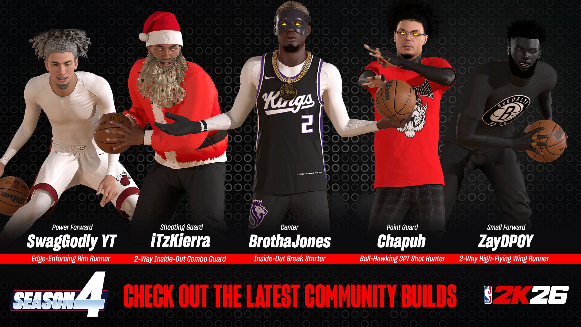 Five NBA 2K26 MyPLAYER characters in various jerseys and outfits, showcasing Season 4 community builds
