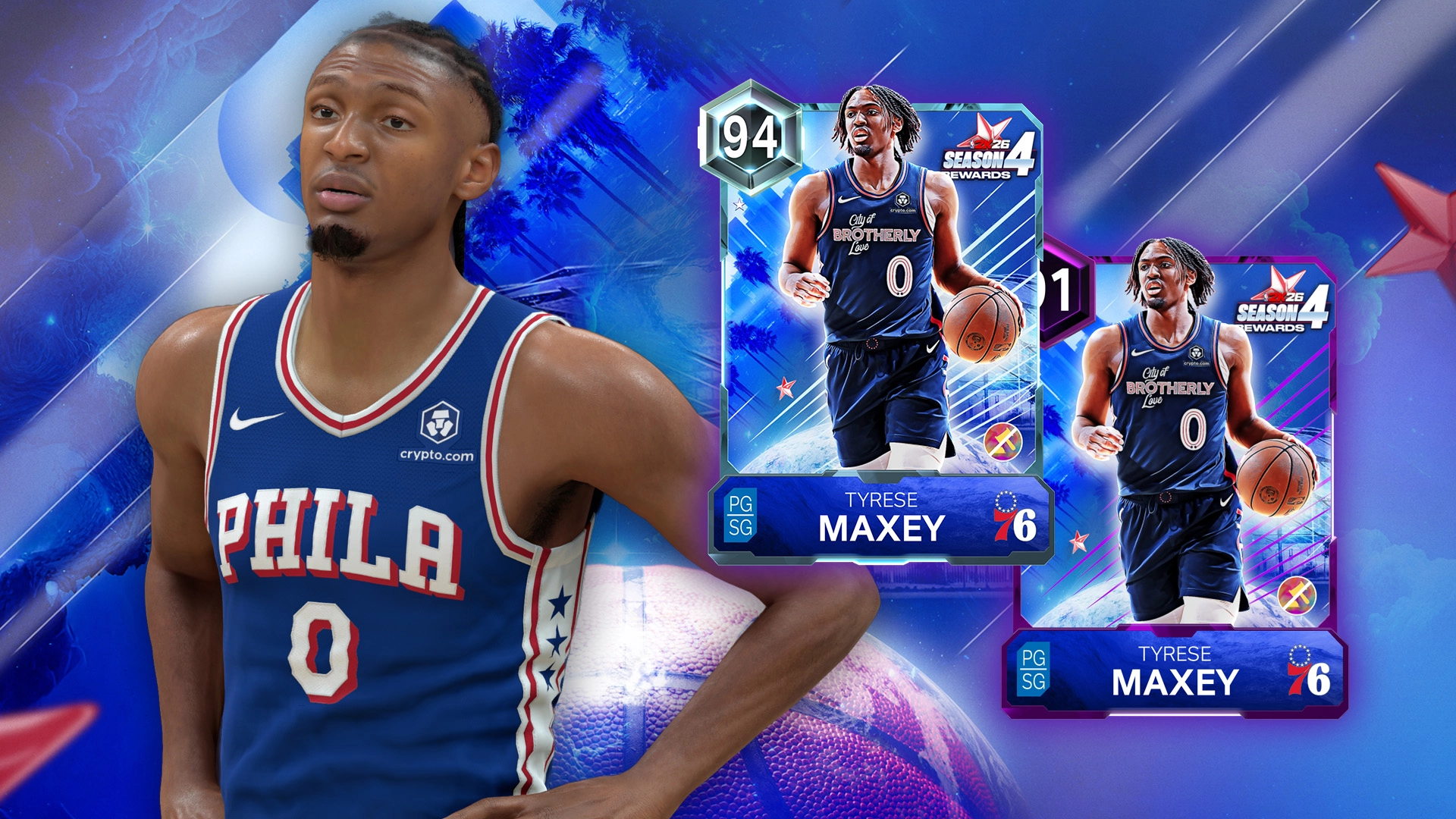Tyrese Maxey in a Philadelphia jersey with NBA 2K26 MyTEAM cards, featuring Season 4 All-Star theme
