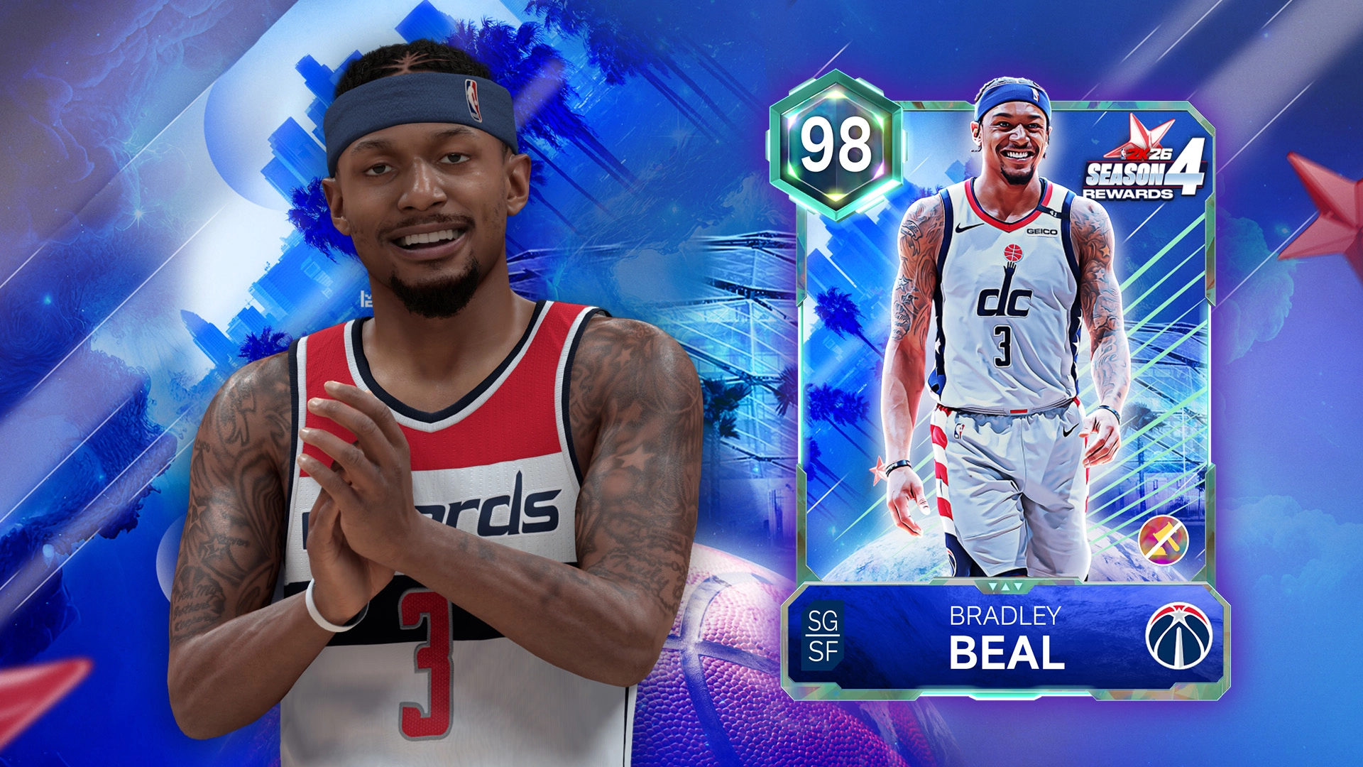 Basketball player in a virtual card with a 98 rating, showcasing Season 4 rewards in NBA 2K26
