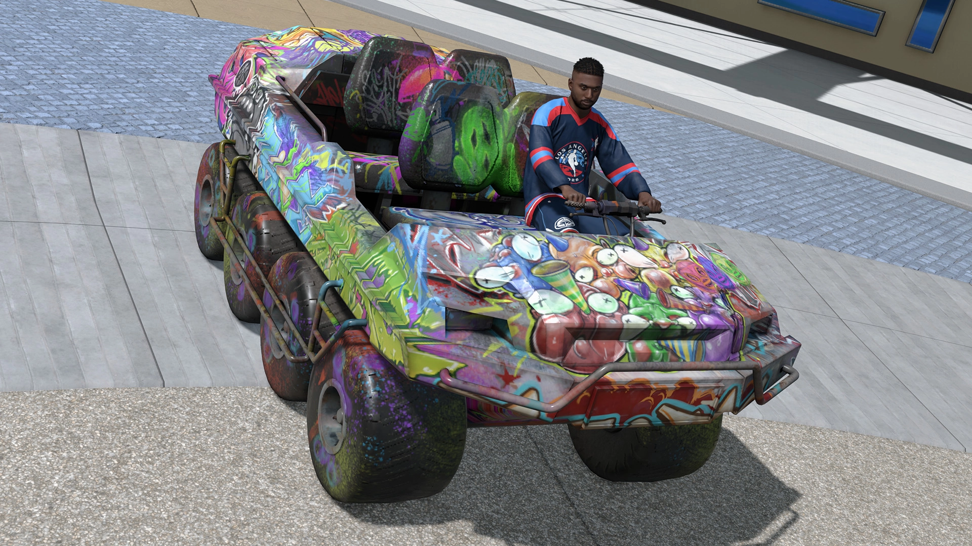 A player in a colorful, graffiti-covered vehicle wearing an NBA-themed jersey in a virtual city setting