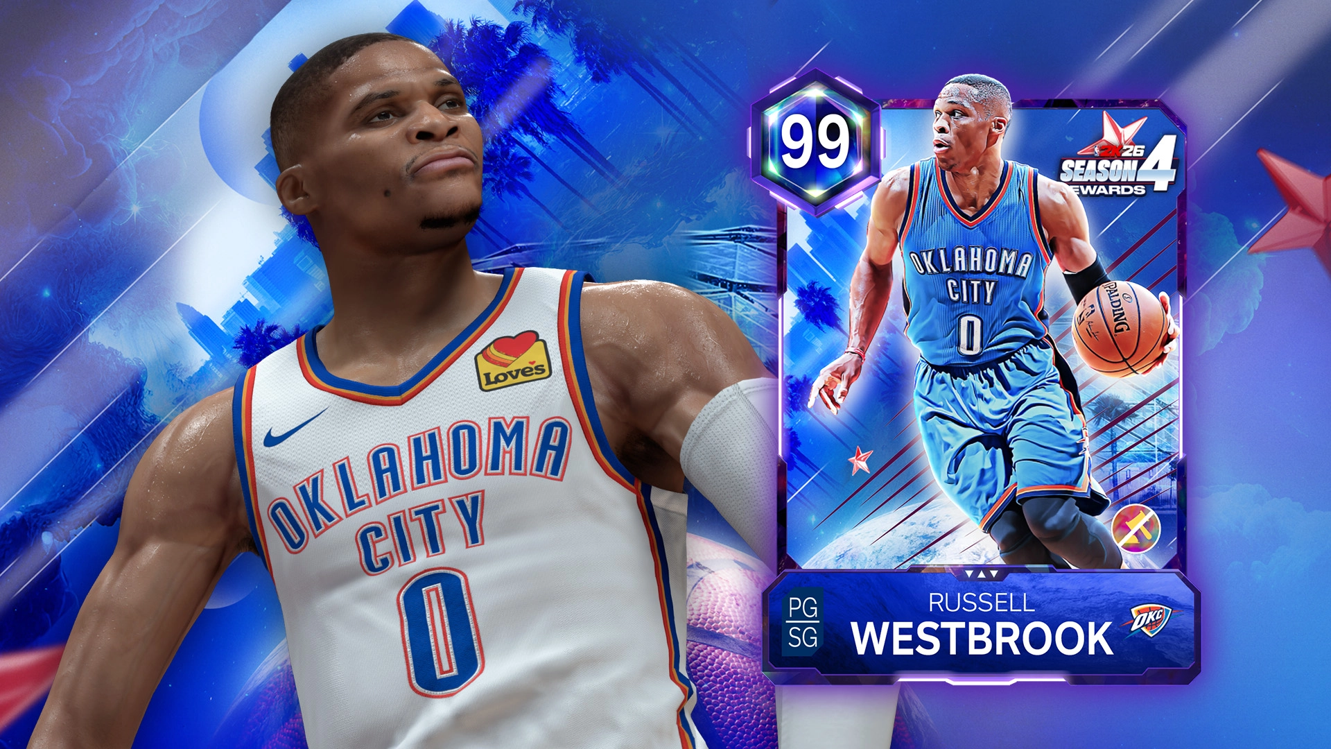 NBA 2K26 features a dynamic card of a player in Oklahoma City jersey, highlighting Season 4 rewards