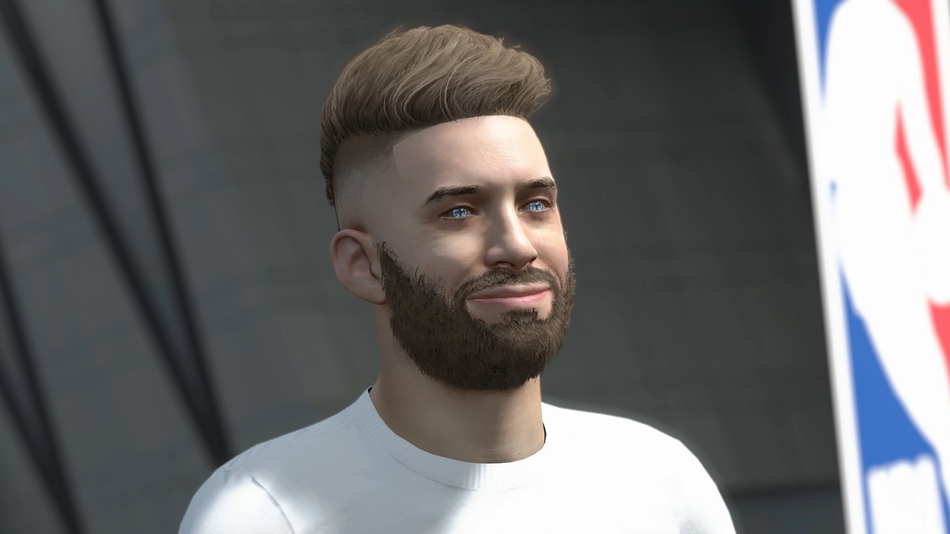 A digital character with a beard and styled hair, wearing a white shirt, stands near an NBA logo backdrop