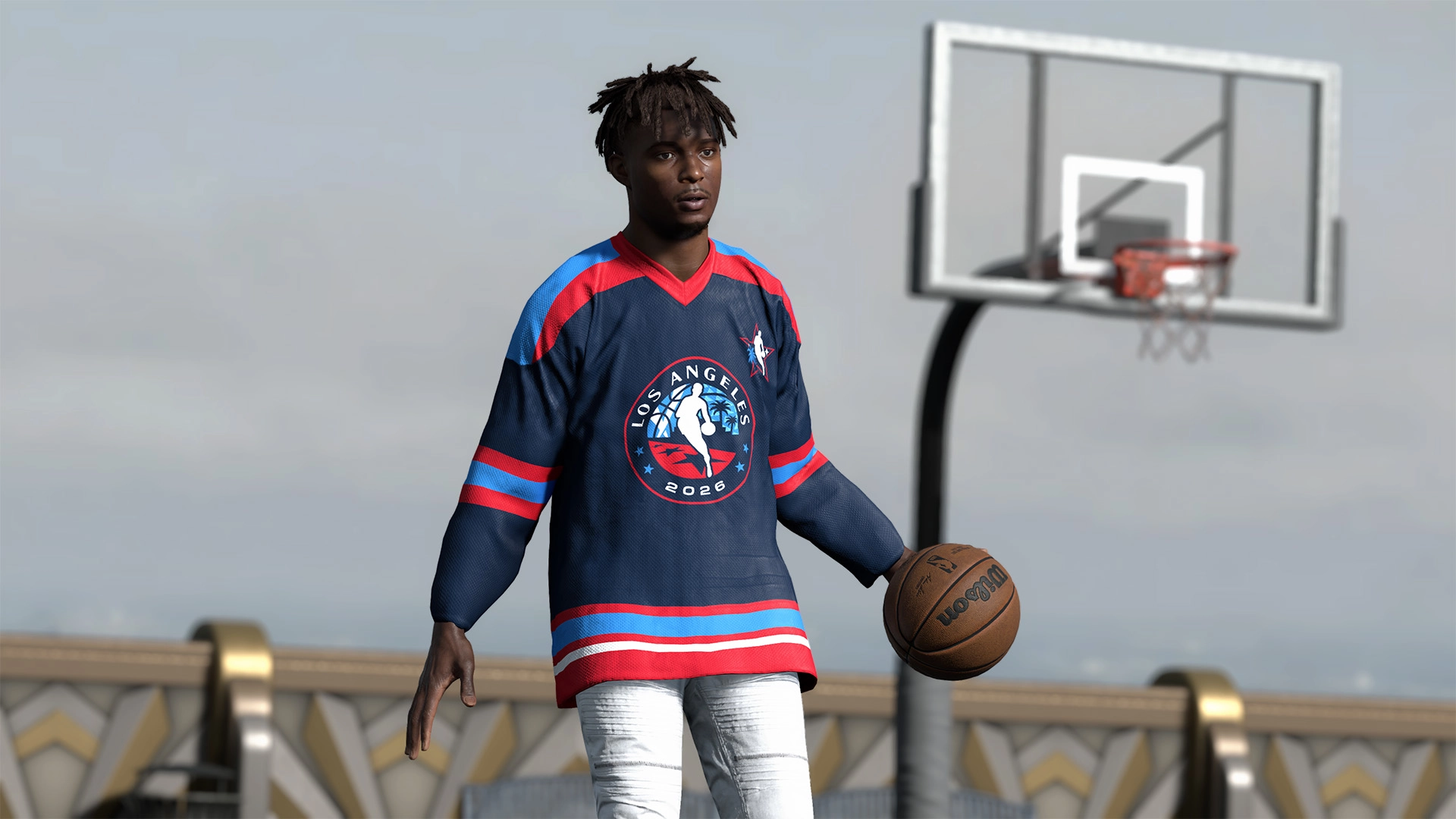 NBA player in a Los Angeles 2026 All-Star jersey holding a basketball on an outdoor court