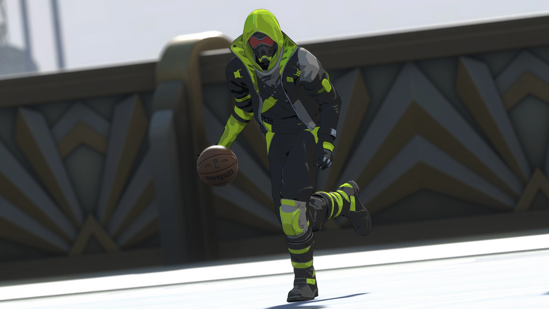 A player in futuristic neon attire dribbles a basketball on a court, embodying NBA 2K26's vibrant style