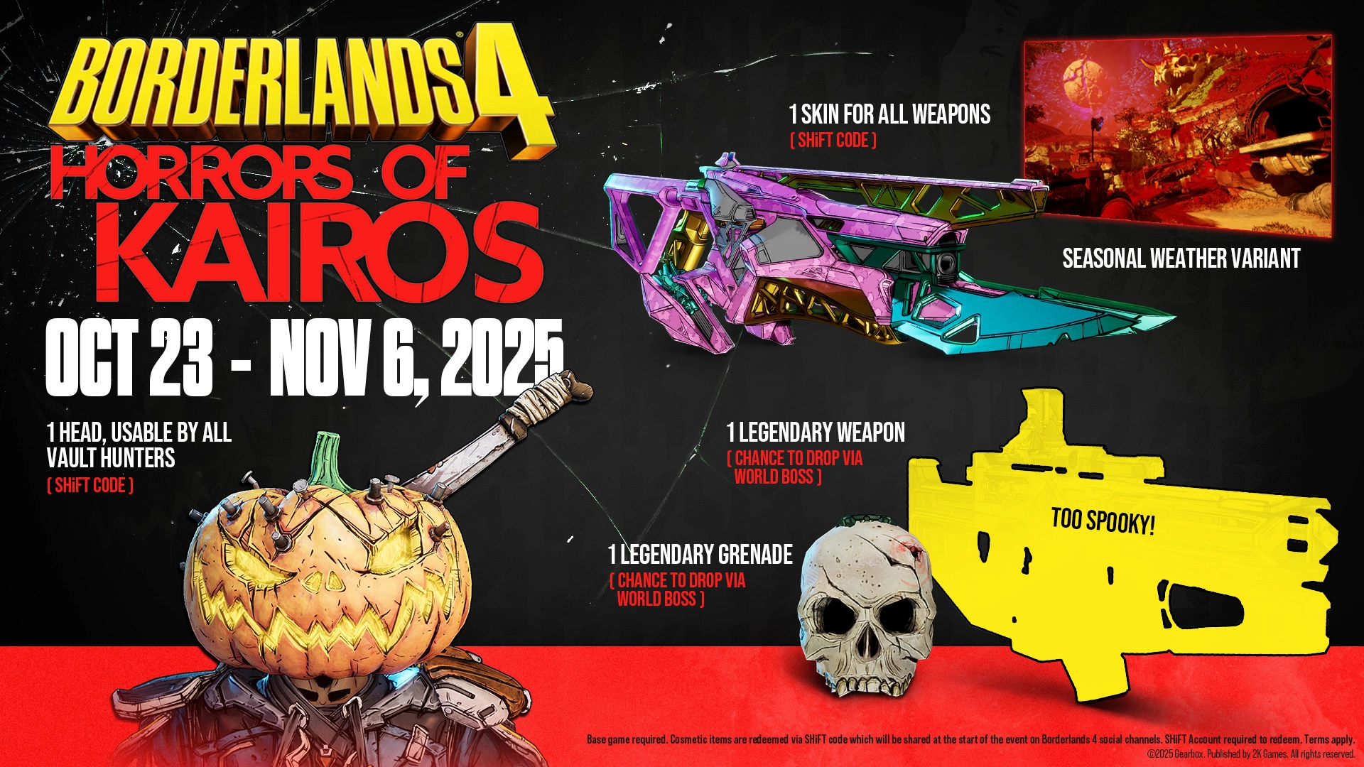 Borderlands 4 promotional image showcasing Horrors of Kairos event items and seasonal weapon skins