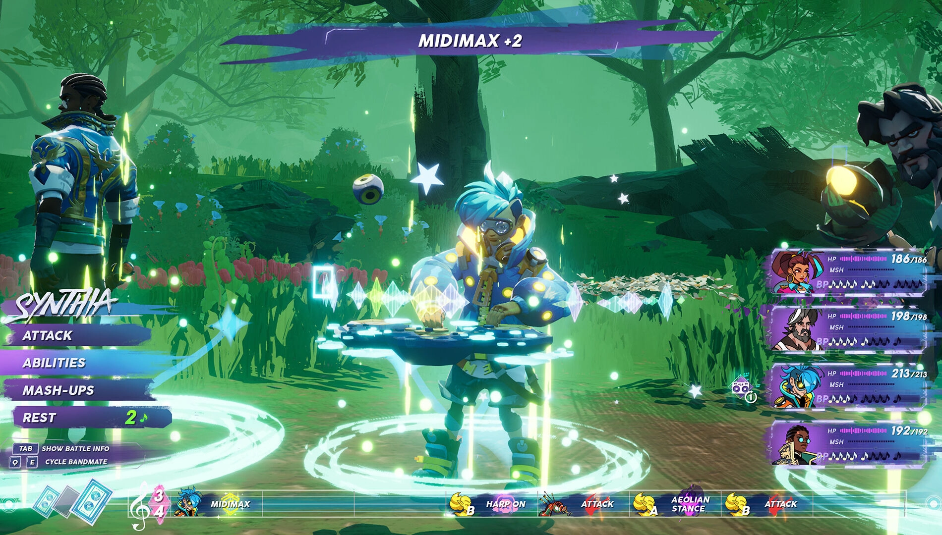 A vibrant scene from People of Note, showing Cadence performing a musical number in a lush, green setting