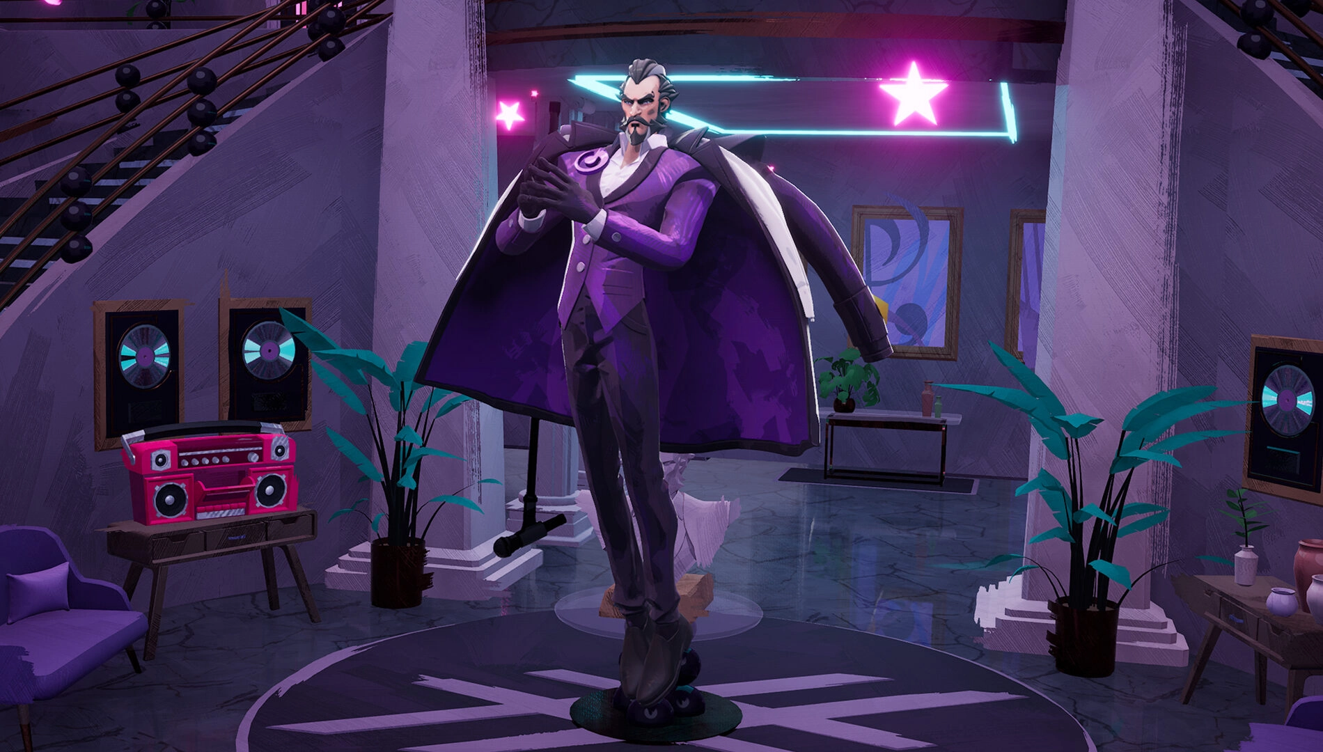 A stylish character in a purple suit stands confidently in a modern room with neon lights and plants