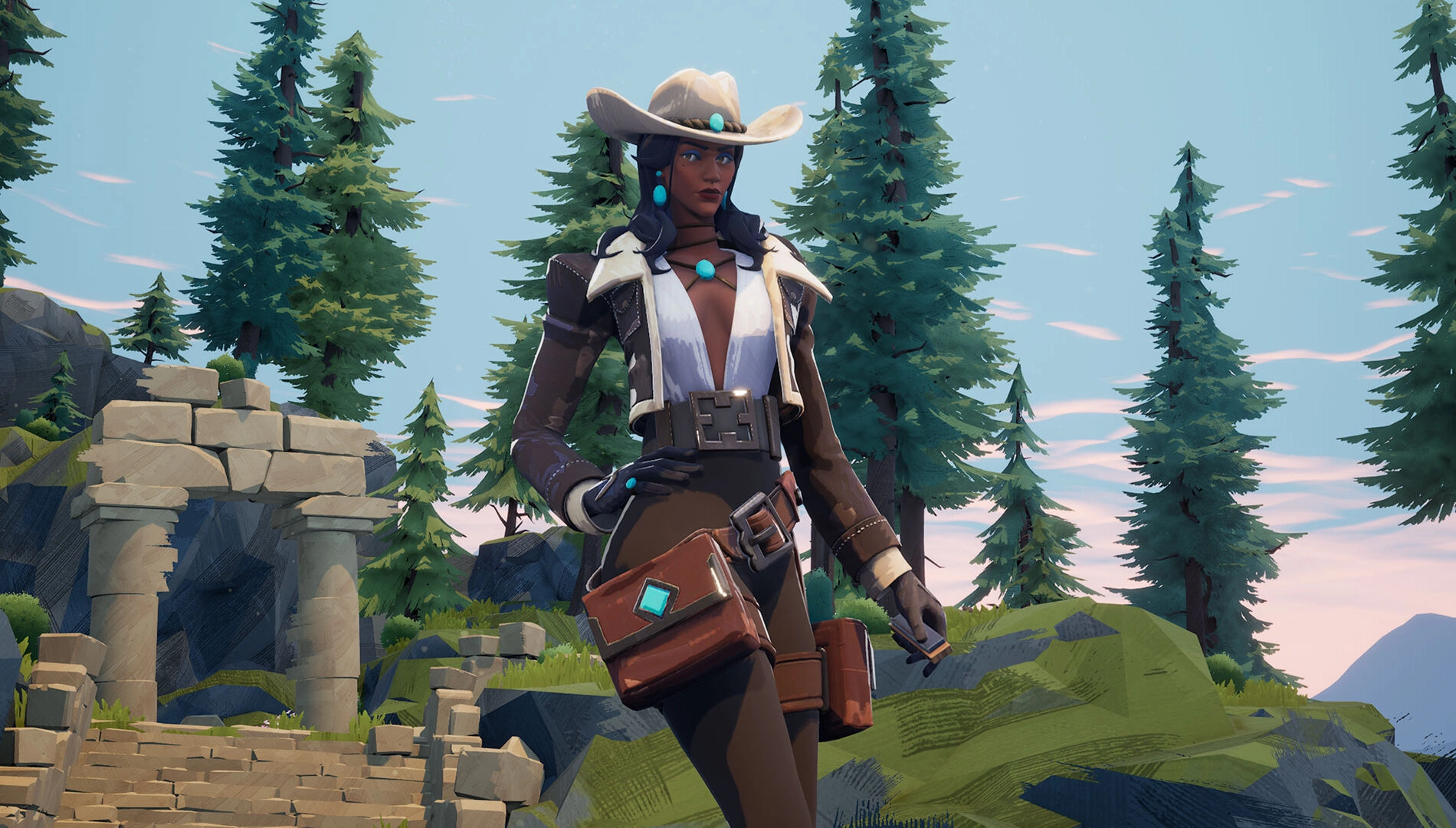 A character in a cowboy hat stands confidently in a forest setting, surrounded by ancient ruins