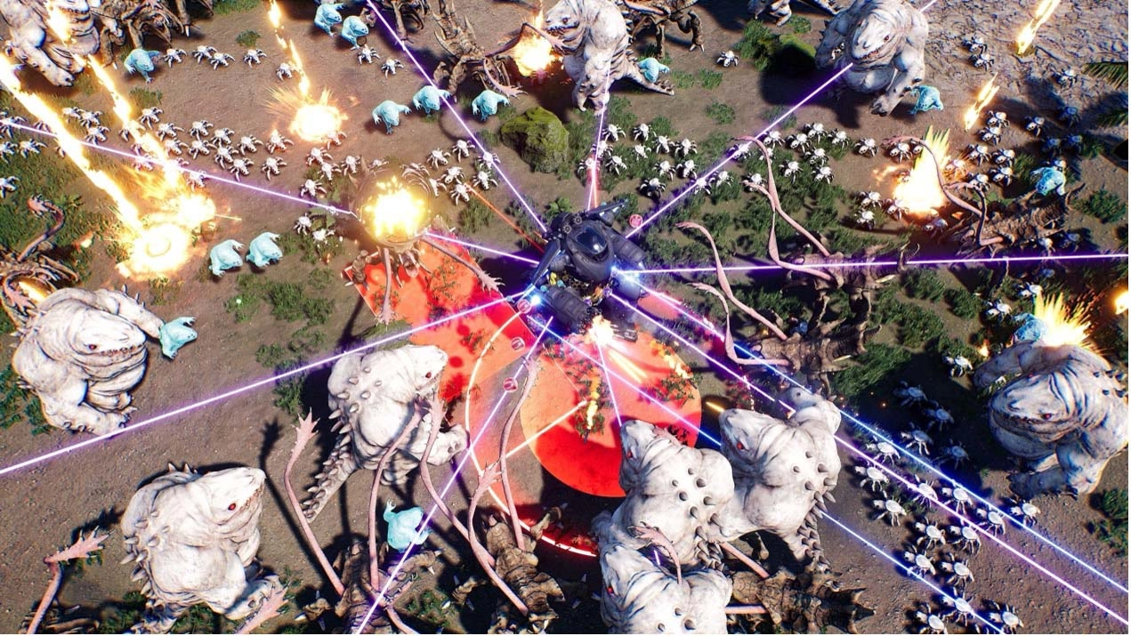 Battle scene in Greedland's Lava Area with mutants, laser beams, and explosions surrounding a central hub