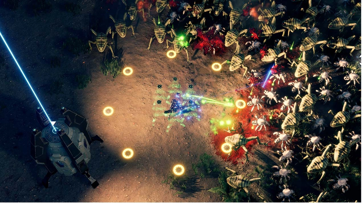 Commander battles alien swarm in Greedland's new Lava Area, surrounded by glowing orbs and mechas