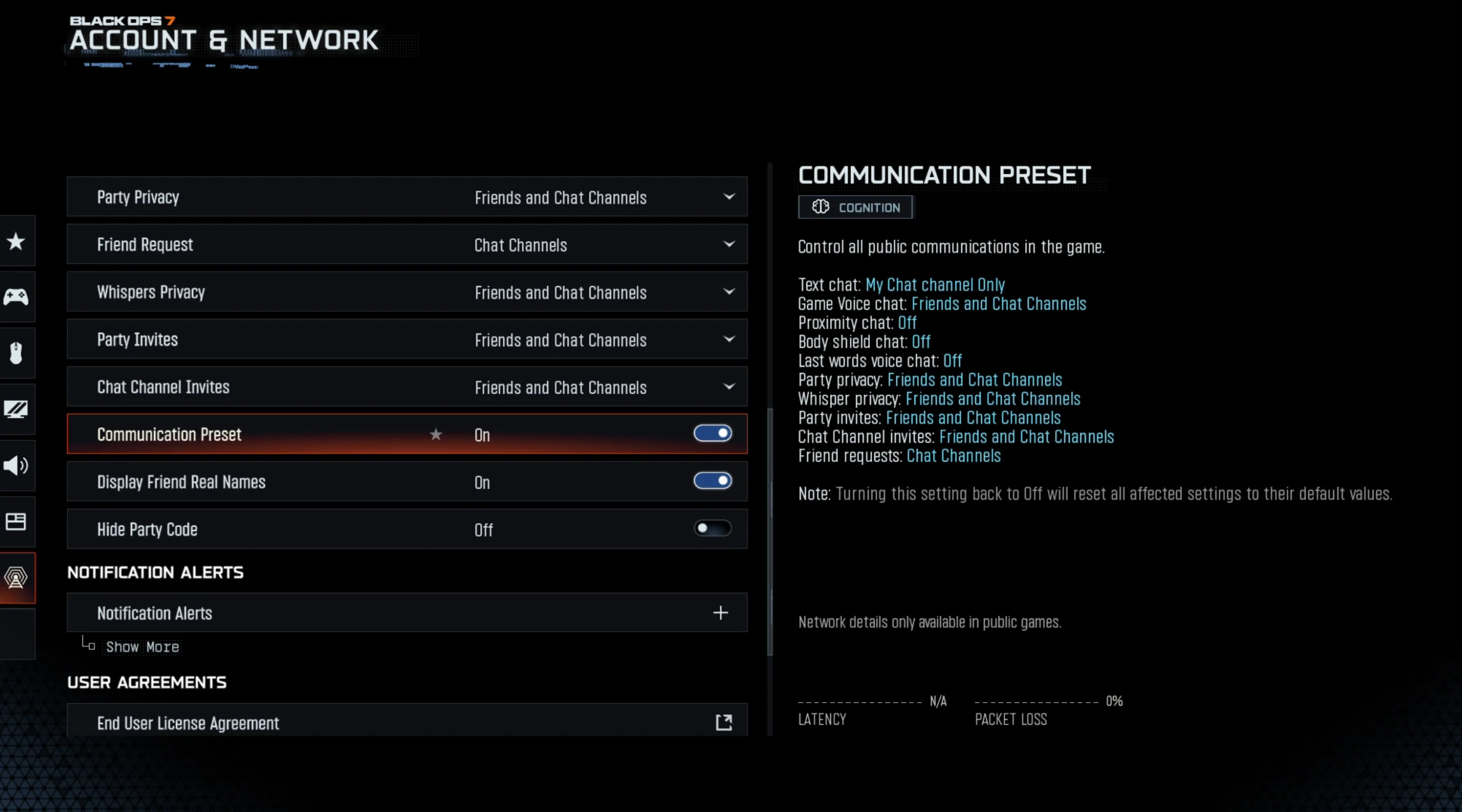 Settings menu for Call of Duty: Black Ops 6 showcasing communication presets to enhance player experience and reduce disru...