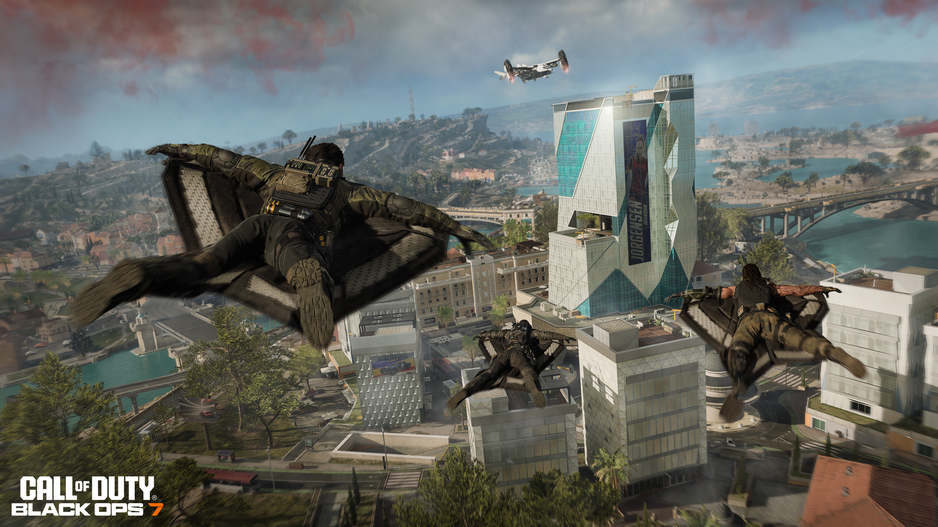 Players parachuting from a plane in Call of Duty: Black Ops 7, showcasing dynamic gameplay and immersive environments.