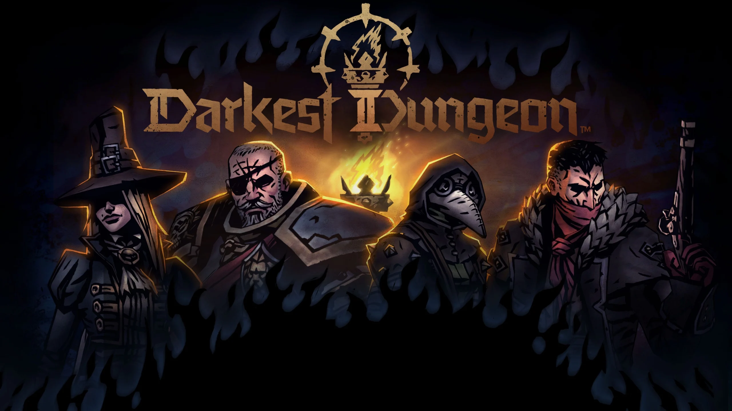 Four stylized characters from Darkest Dungeon stand against a fiery background, each in unique attire