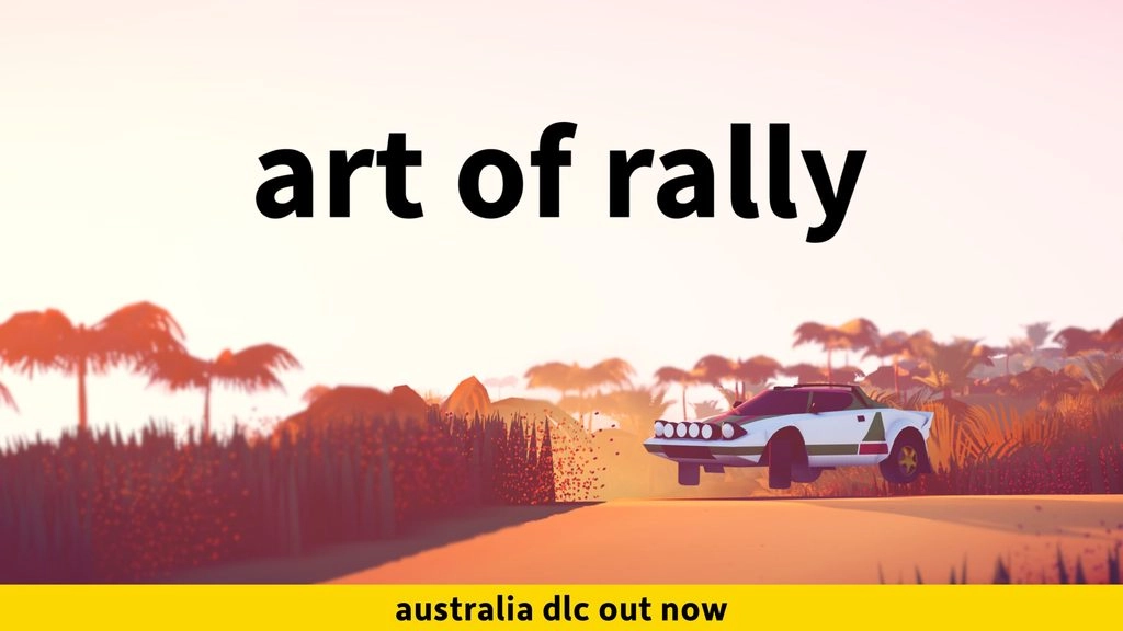 A rally car speeds through a vibrant, stylized landscape with palm trees, promoting new Australia DLC