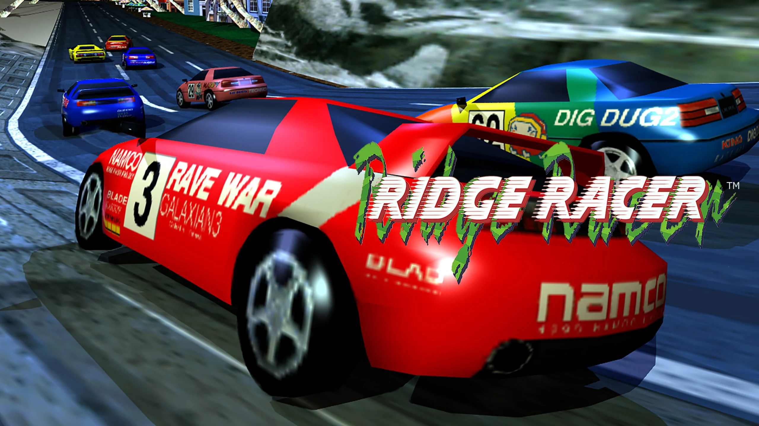 Red sports car racing on a winding track in Ridge Racer, part of PlayStation Plus Premium's January lineup