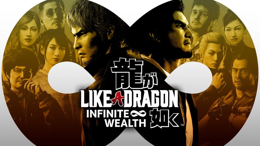 Characters from Like A Dragon: Infinite Wealth face off, set against a stylized infinity symbol background