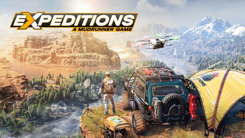Adventurer overlooks rugged terrain with high-tech gear, drone, and off-road vehicle in Expeditions: A MudRunner Game