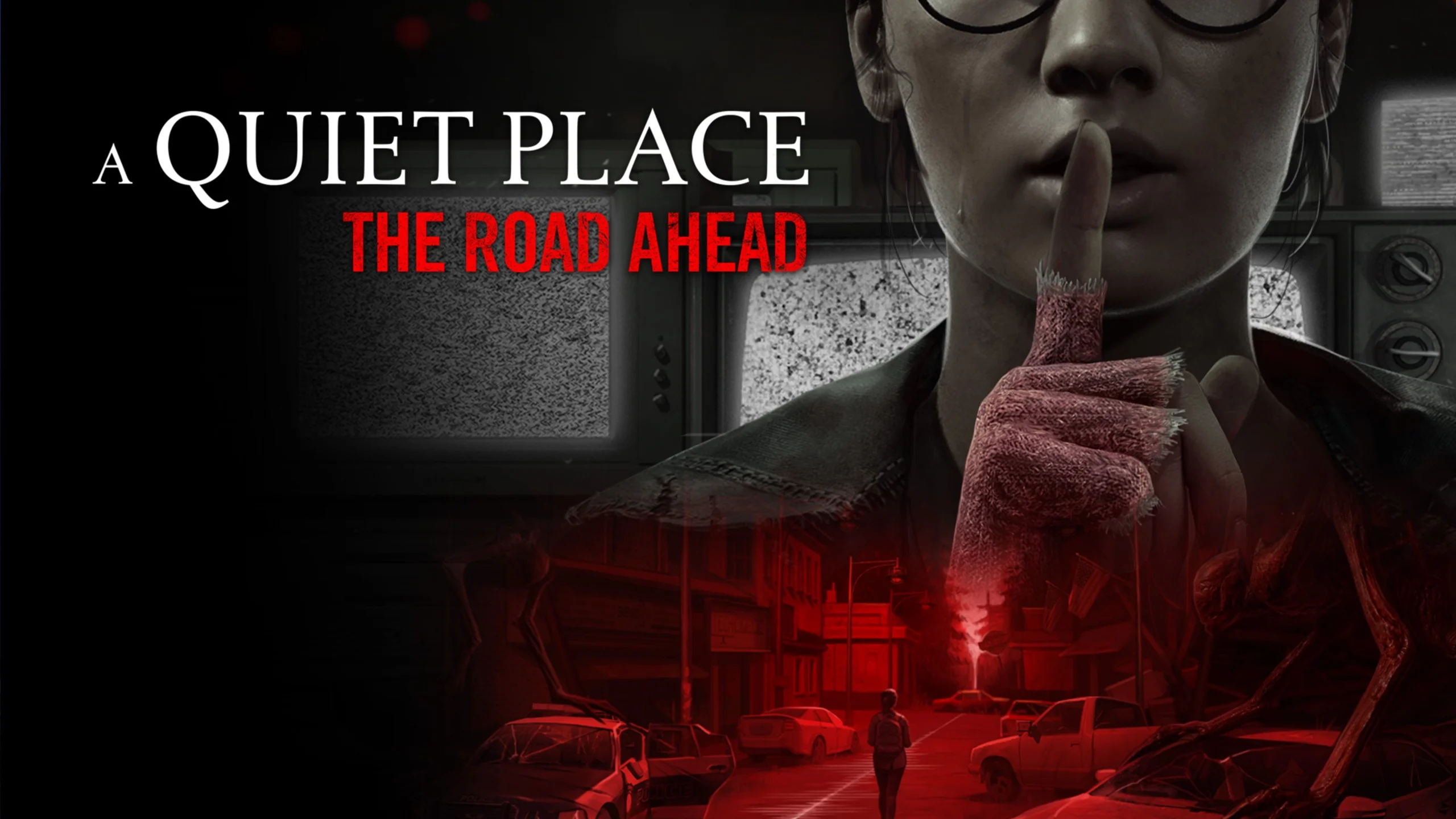 A person holding a finger to their lips in a shushing gesture, with a red-tinted city scene below