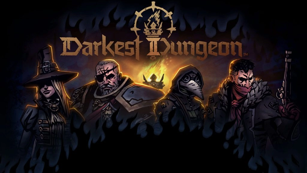 Four characters from Darkest Dungeon stand against a fiery background, each with distinct attire and weapons