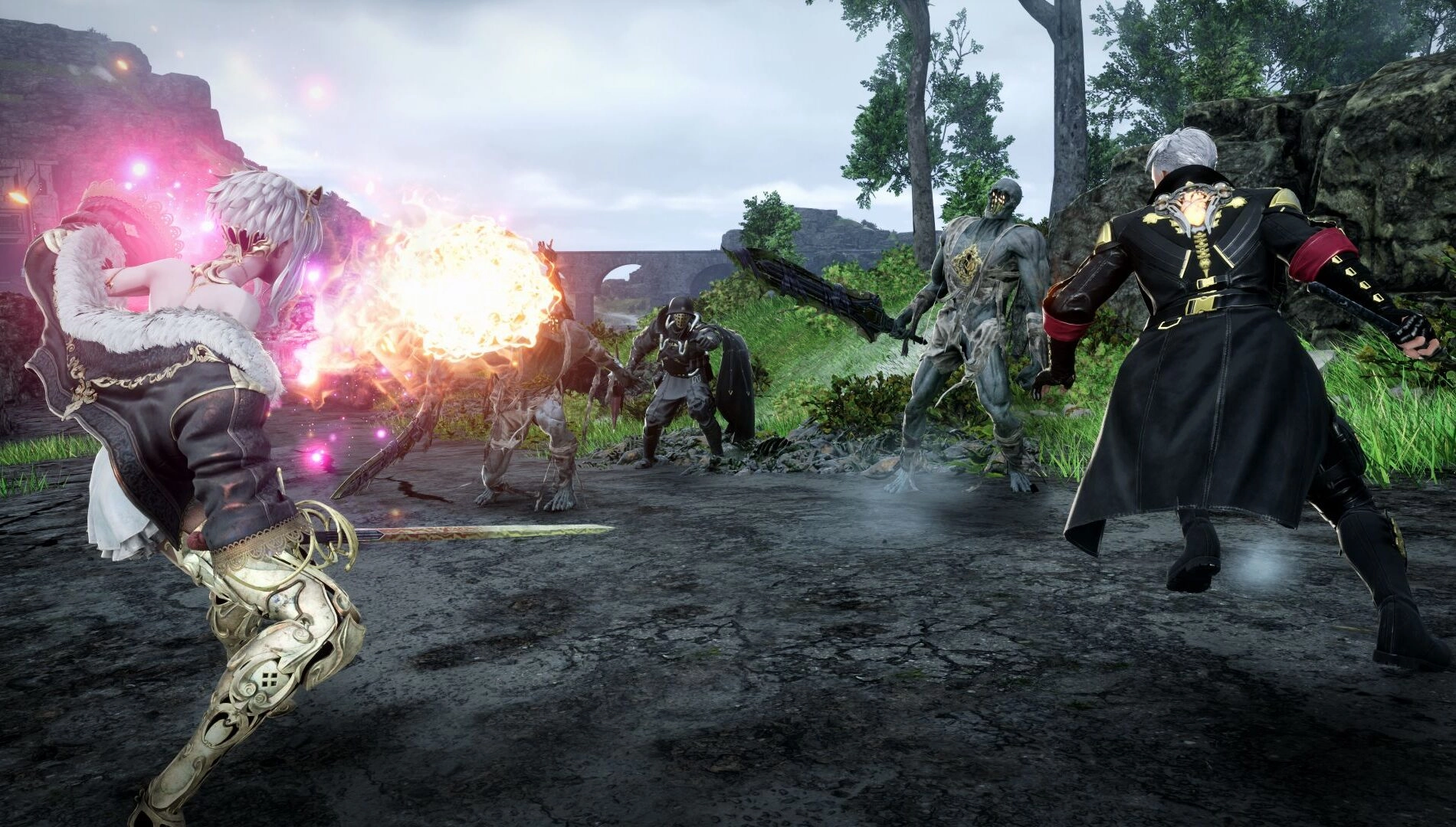 Revenant Hunter and Partner battle creatures in a lush landscape, showcasing magic and sword skills in Code Vein II