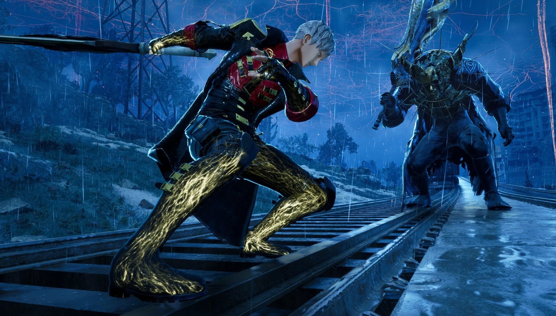 A Revenant Hunter battles a monstrous foe on rain-soaked train tracks, wielding a glowing weapon
