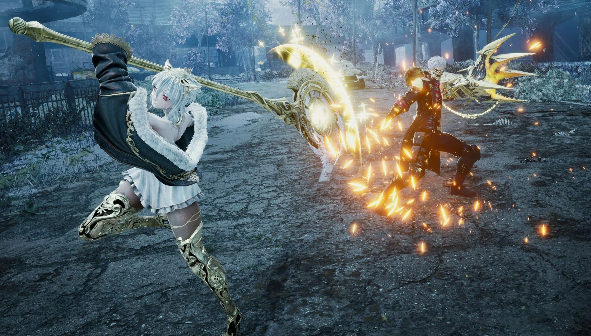 Two characters in combat, one wielding a glowing scythe, showcasing dynamic action in a fantasy setting